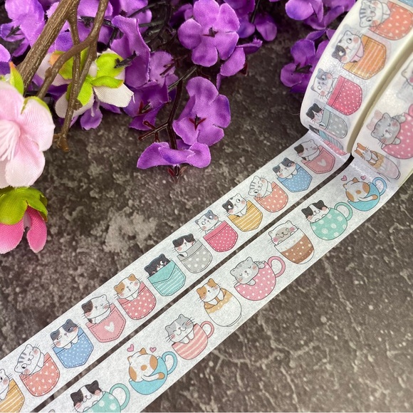 Kitty Cats In Pockets and Coffee Mugs, Washi Tape, Set Of 2 Rolls - Picture 2 of 9